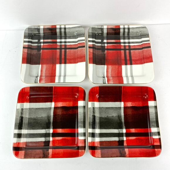 Ciroa Set of 4 Square Tid Bit Appetizer Plates Red Plaid - Picture 1 of 7